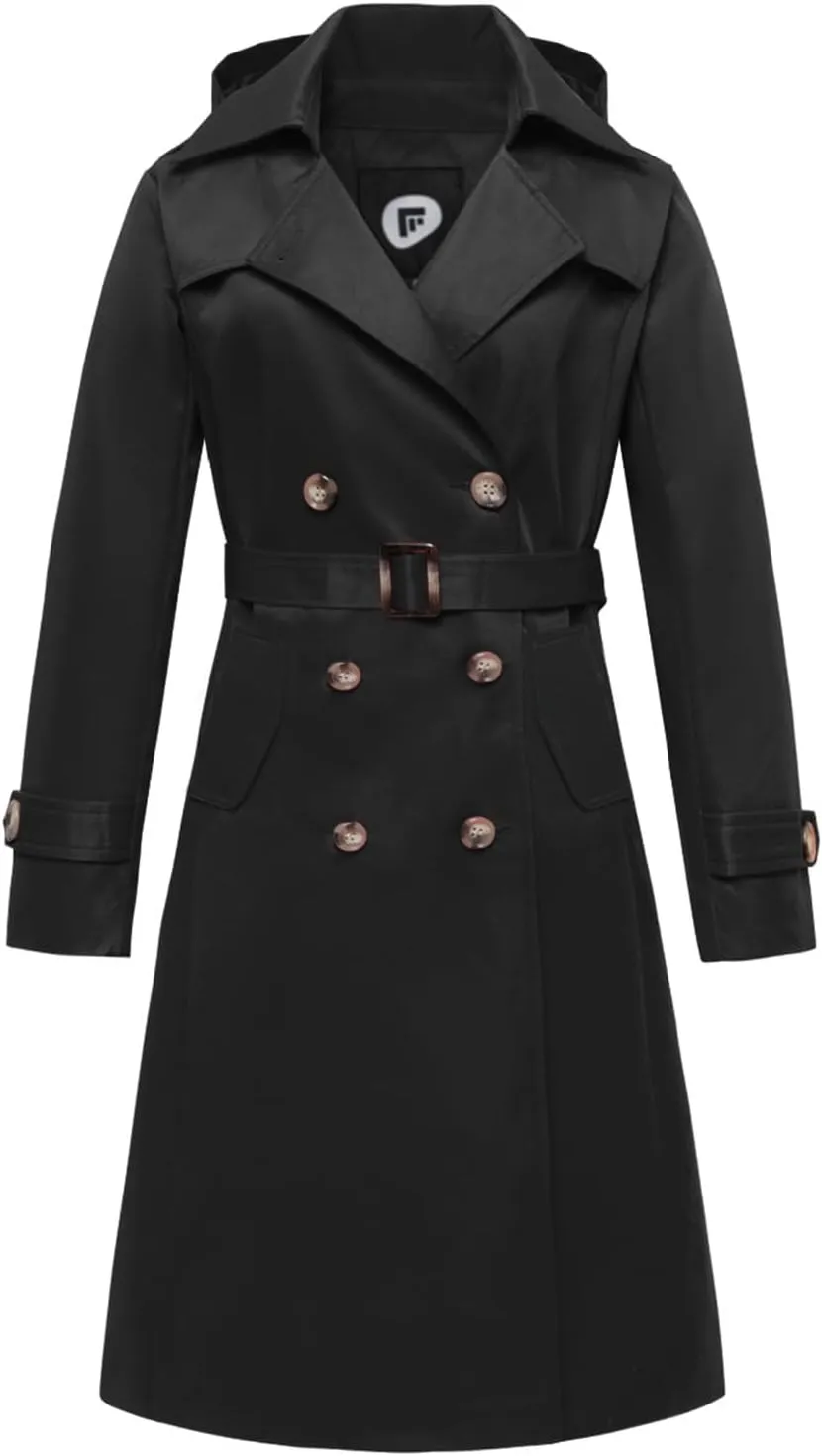 Women's Waterproof Long Trench Coat Double Breasted Length Classic Lapel Belt Coat With Removable Hood
