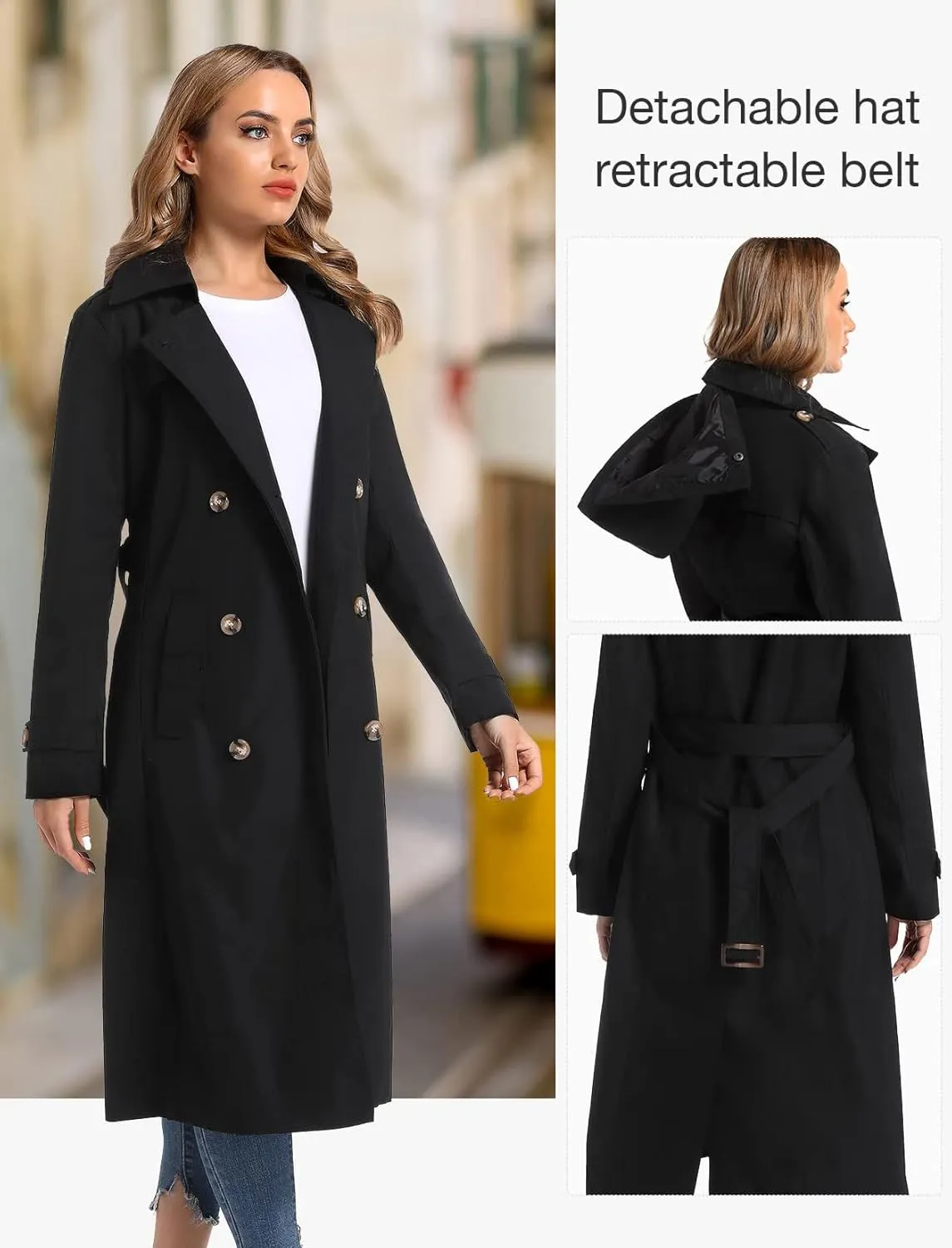 Women's Waterproof Long Trench Coat Double Breasted Length Classic Lapel Belt Coat With Removable Hood