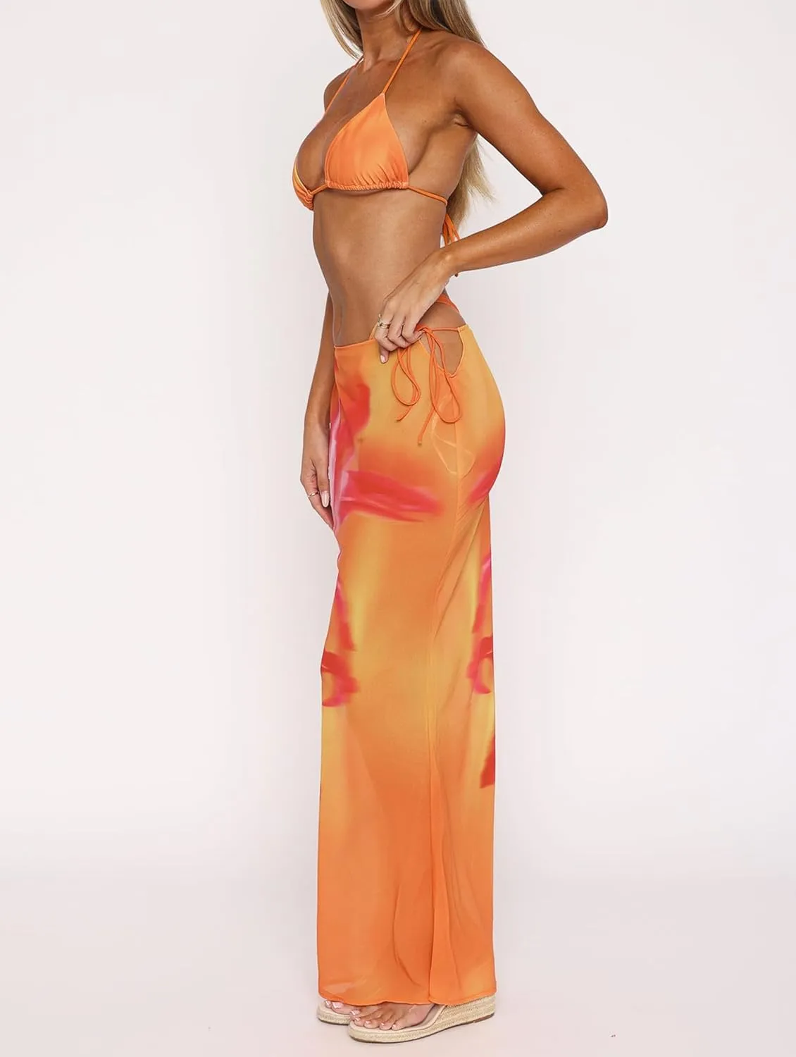 Women's Y2K Sheer Mesh Long Maxi Skirts Mid Waisted Cover Up See-Through Summer Skirts Beach Flowy Tulle Skirts