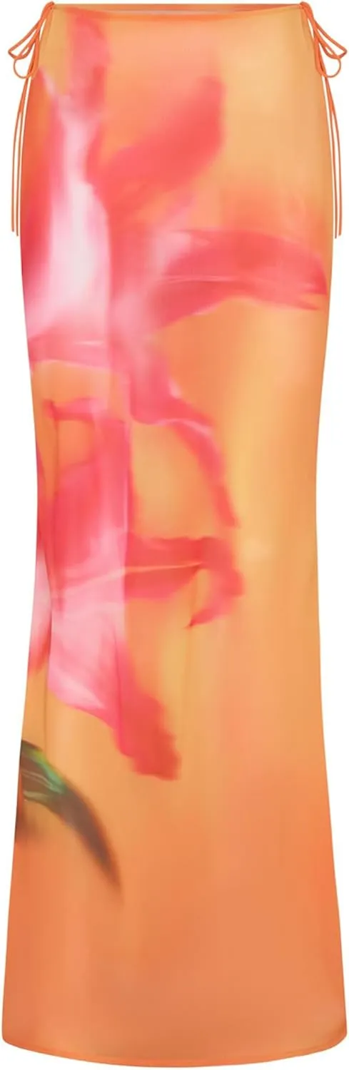 Women's Y2K Sheer Mesh Long Maxi Skirts Mid Waisted Cover Up See-Through Summer Skirts Beach Flowy Tulle Skirts