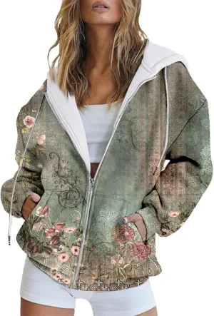 Womens Zip Up Hoodies Vintage Oversized Hoodie Floral Printed Long Sleeve Tops Trendy Sport Cloth with Pockets