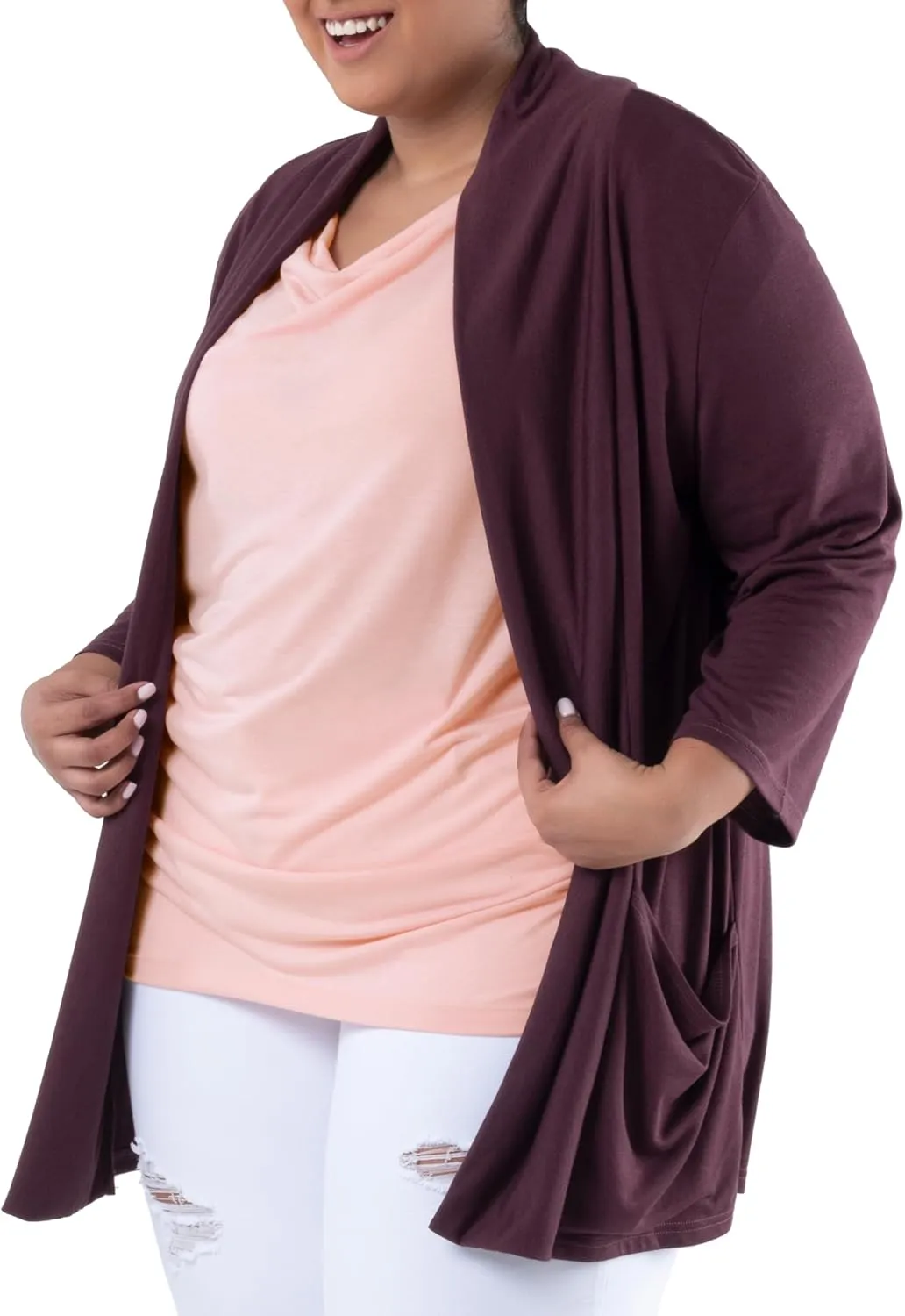 Wright's womens Plus Size 3/4" Sleeve Draped Open Front Jersey Pocket Cardigan