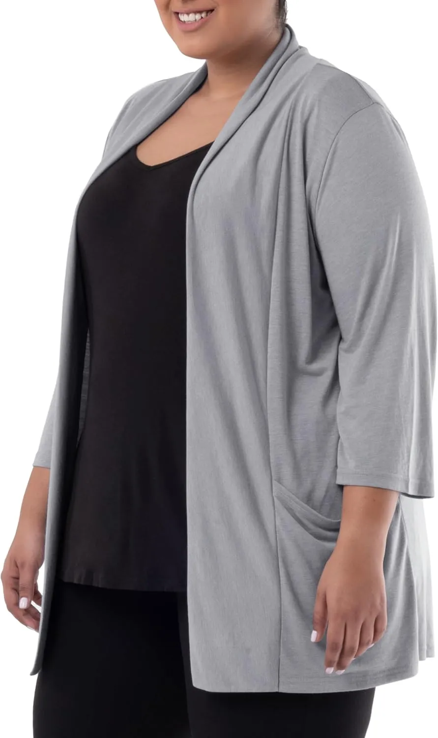 Wright's womens Plus Size 3/4" Sleeve Draped Open Front Jersey Pocket Cardigan