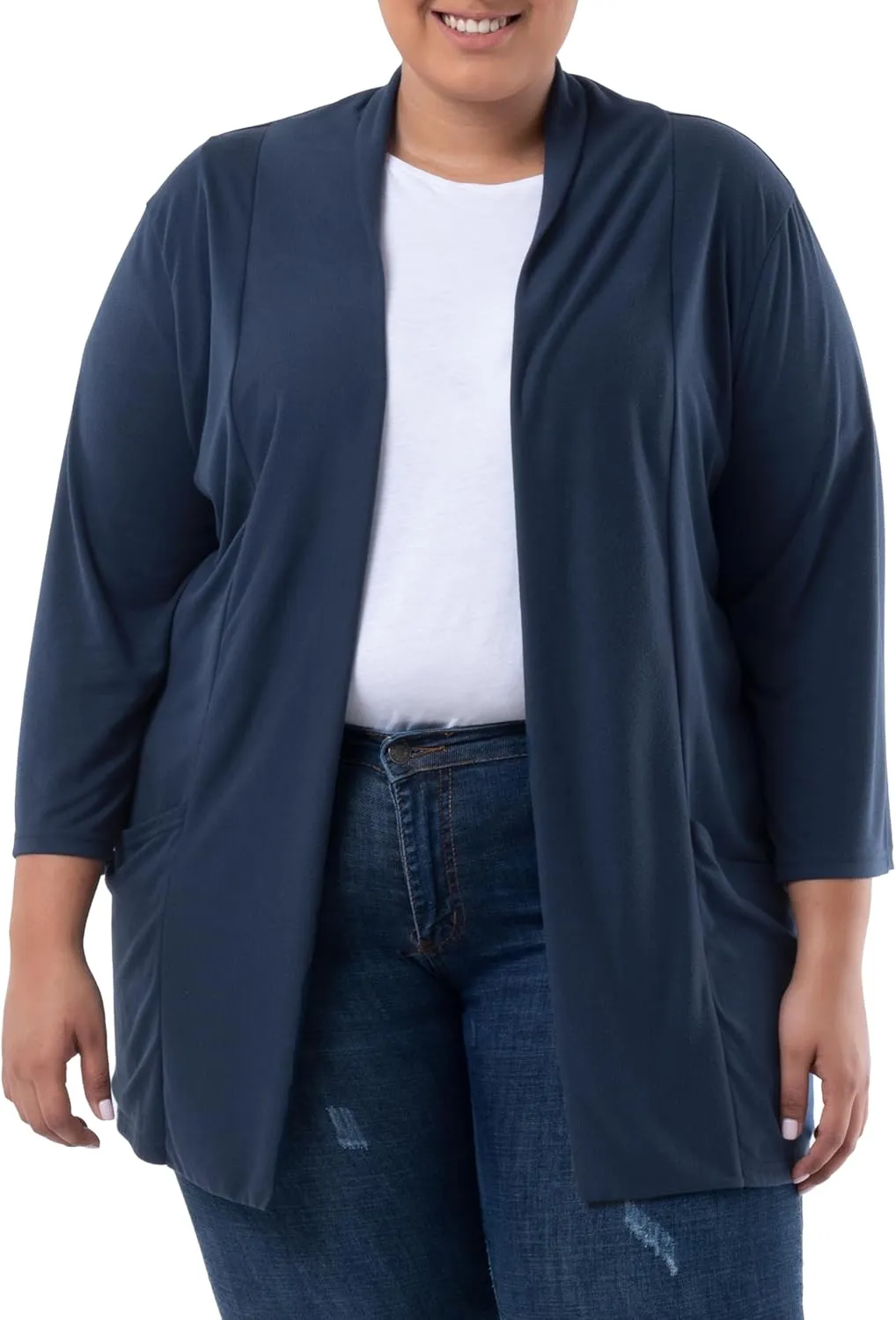 Wright's womens Plus Size 3/4" Sleeve Draped Open Front Jersey Pocket Cardigan