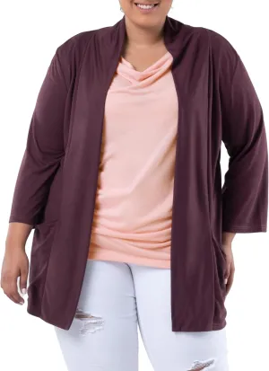 Wright's womens Plus Size 3/4" Sleeve Draped Open Front Jersey Pocket Cardigan