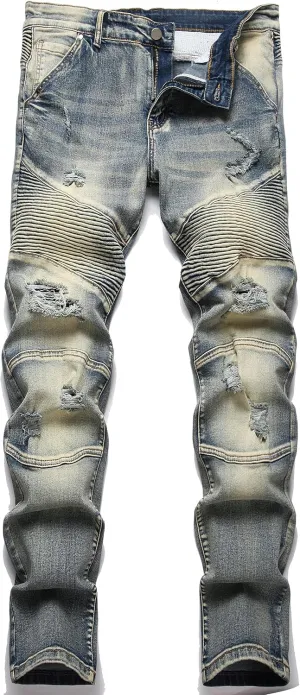 XIMXIMMTIAN Mens Slim Fit Jeans Stretch Ripped Biker Jeans for Men Fashion Straight Comfort Flex Waist Casual Denim Pants