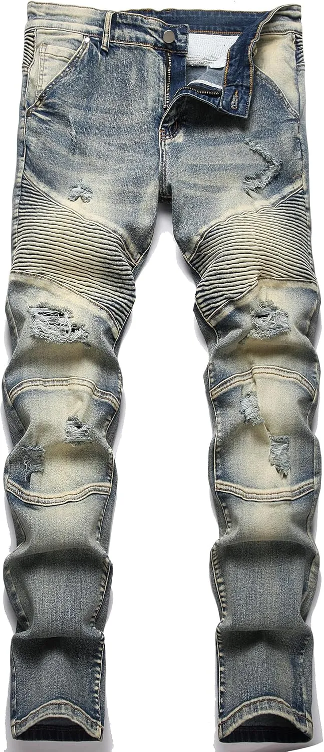 XIMXIMMTIAN Mens Slim Fit Jeans Stretch Ripped Biker Jeans for Men Fashion Straight Comfort Flex Waist Casual Denim Pants