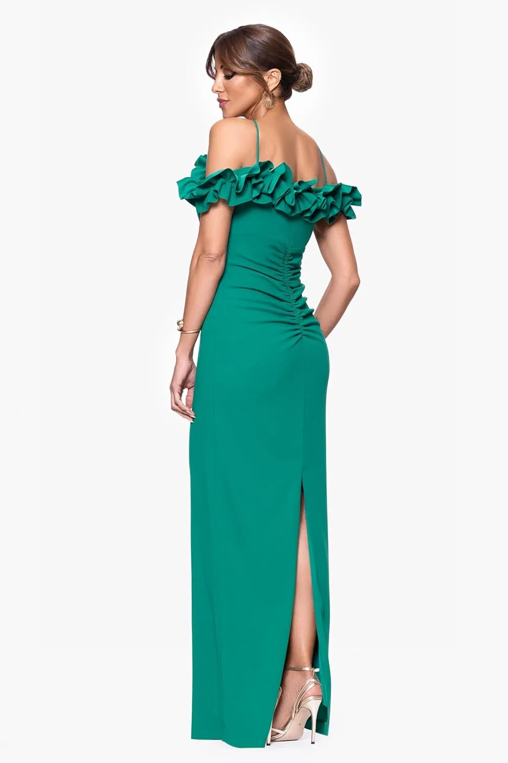 Xscape Women's Off Shoulder Spaghetti Strap Ruffle Top Scuba Crepe Gown with Back Slit