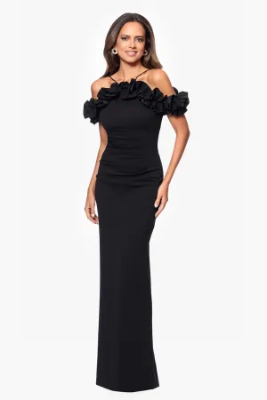 Xscape Women's Off Shoulder Spaghetti Strap Ruffle Top Scuba Crepe Gown with Back Slit