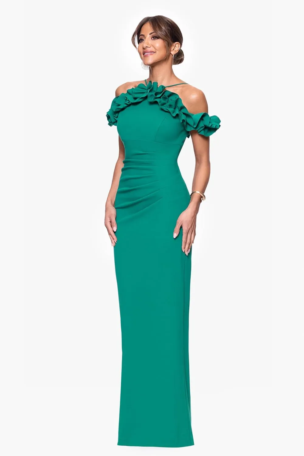 Xscape Women's Off Shoulder Spaghetti Strap Ruffle Top Scuba Crepe Gown with Back Slit