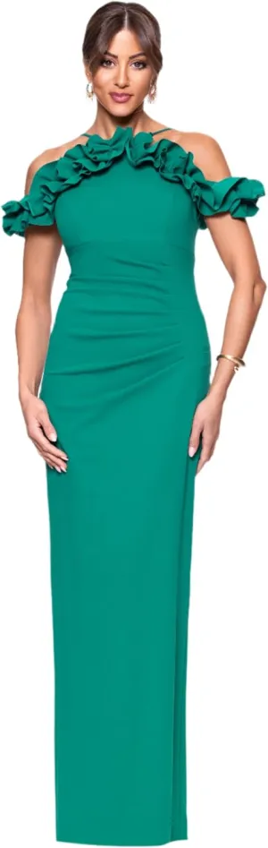 Xscape Women's Off Shoulder Spaghetti Strap Ruffle Top Scuba Crepe Gown with Back Slit