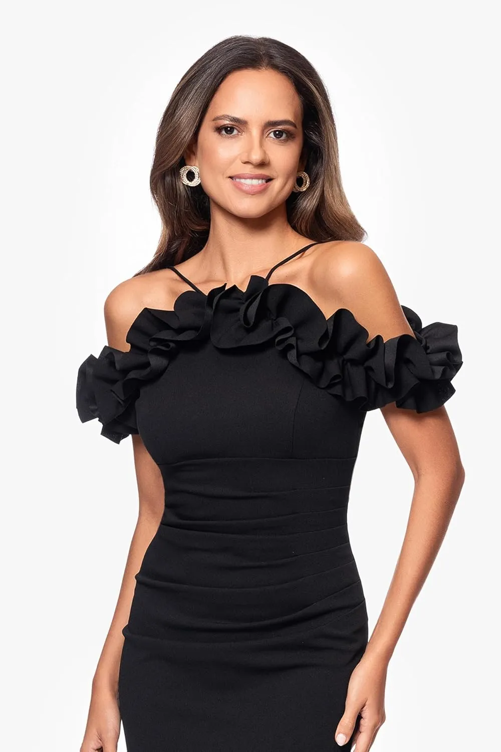 Xscape Women's Off Shoulder Spaghetti Strap Ruffle Top Scuba Crepe Gown with Back Slit