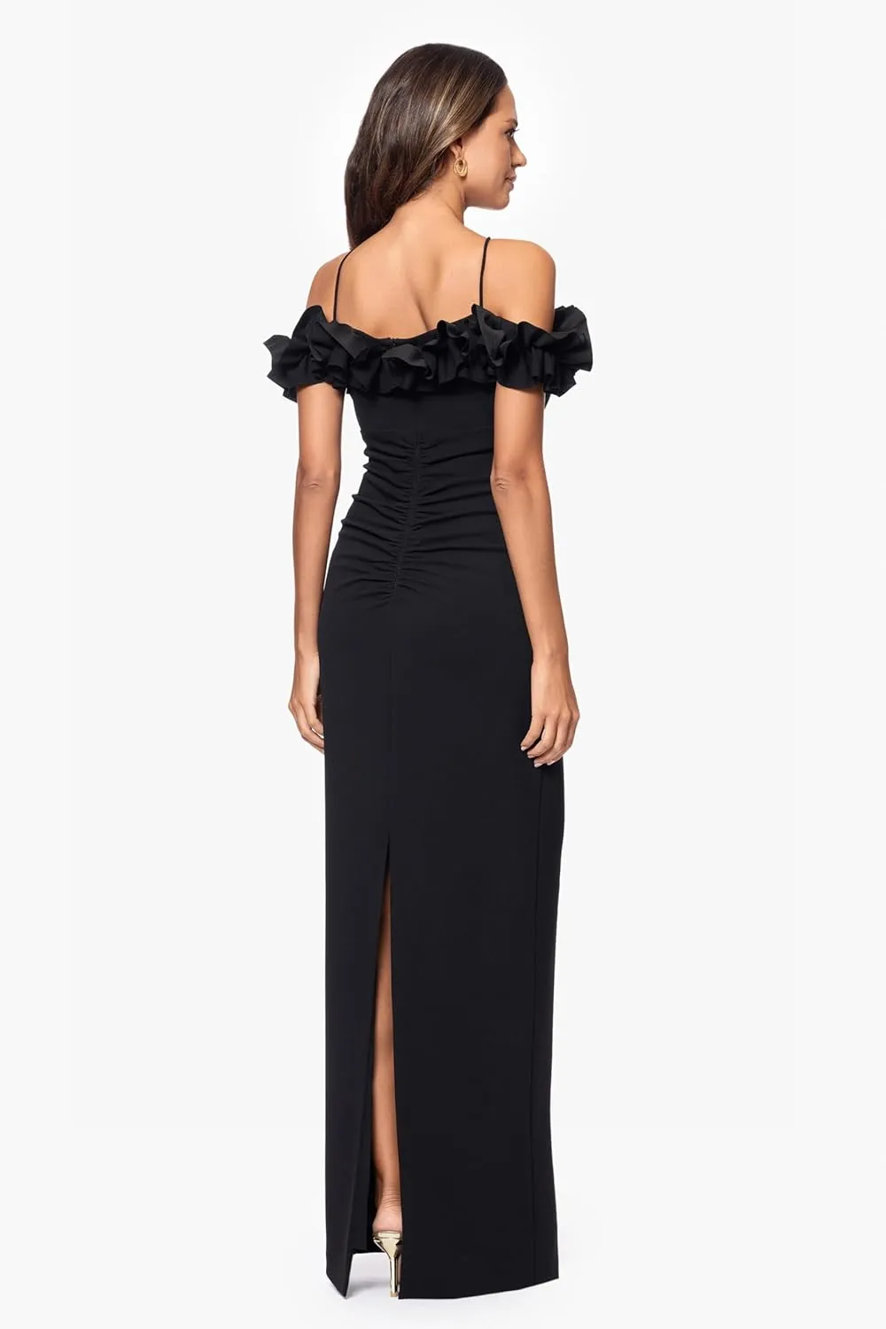 Xscape Women's Off Shoulder Spaghetti Strap Ruffle Top Scuba Crepe Gown with Back Slit