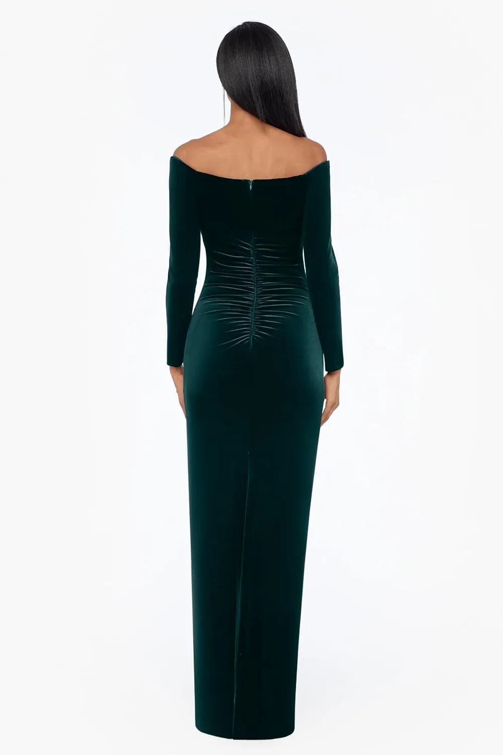 Xscape Women's Off-The-Shoulder Velvet Long Sleeve Maxi Dress with V-bar Neckline and Center Back Zipper