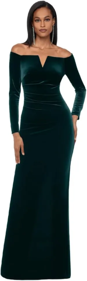 Xscape Women's Off-The-Shoulder Velvet Long Sleeve Maxi Dress with V-bar Neckline and Center Back Zipper