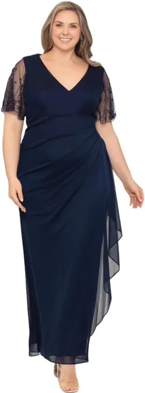 Xscape Women's Plus Sheer Matte Jersey Maxi Dress with Beaded Sleeves and Side Ruching