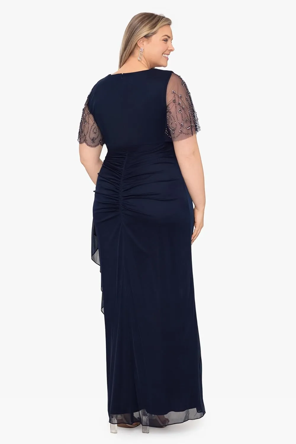 Xscape Women's Plus Sheer Matte Jersey Maxi Dress with Beaded Sleeves and Side Ruching
