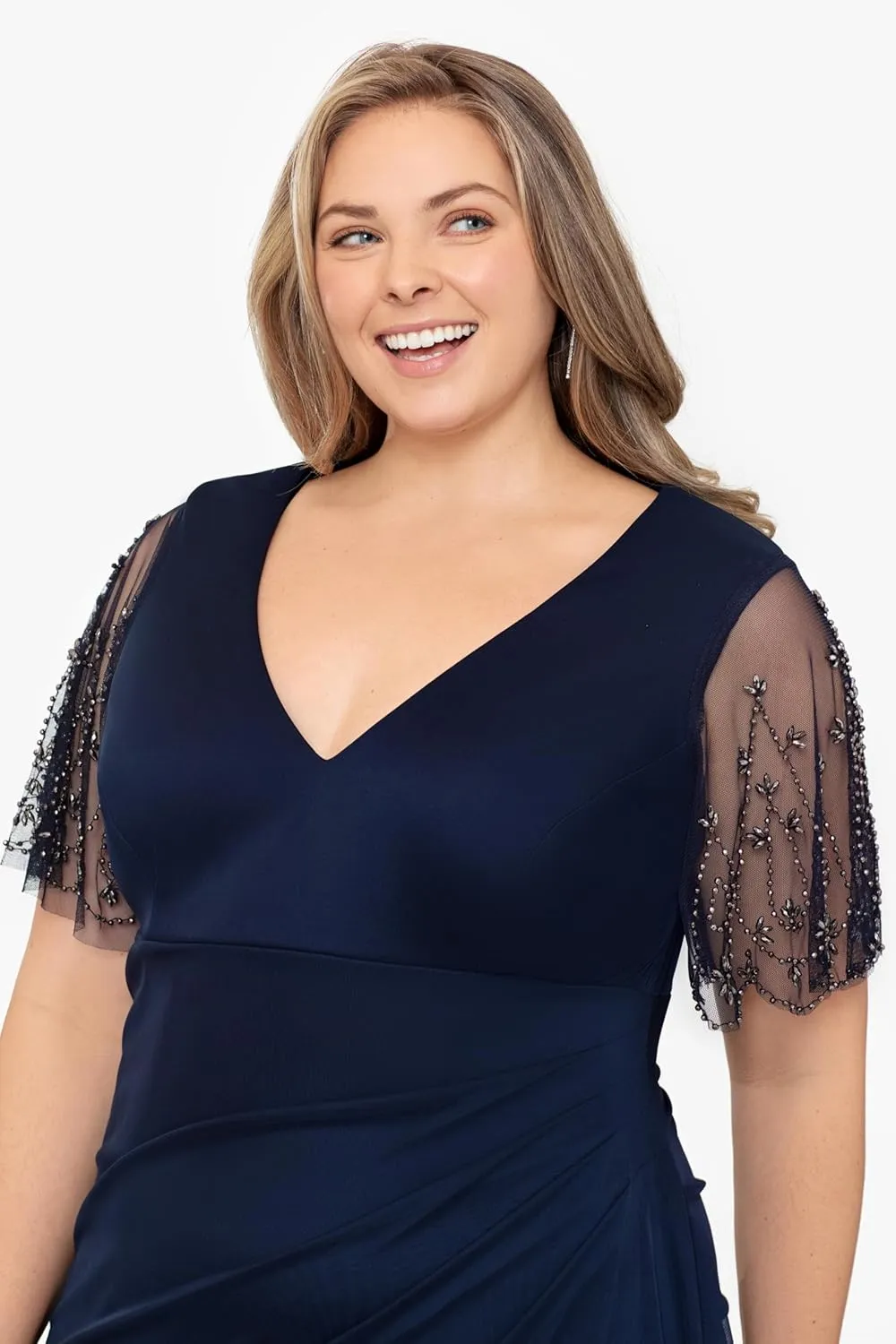 Xscape Women's Plus Sheer Matte Jersey Maxi Dress with Beaded Sleeves and Side Ruching