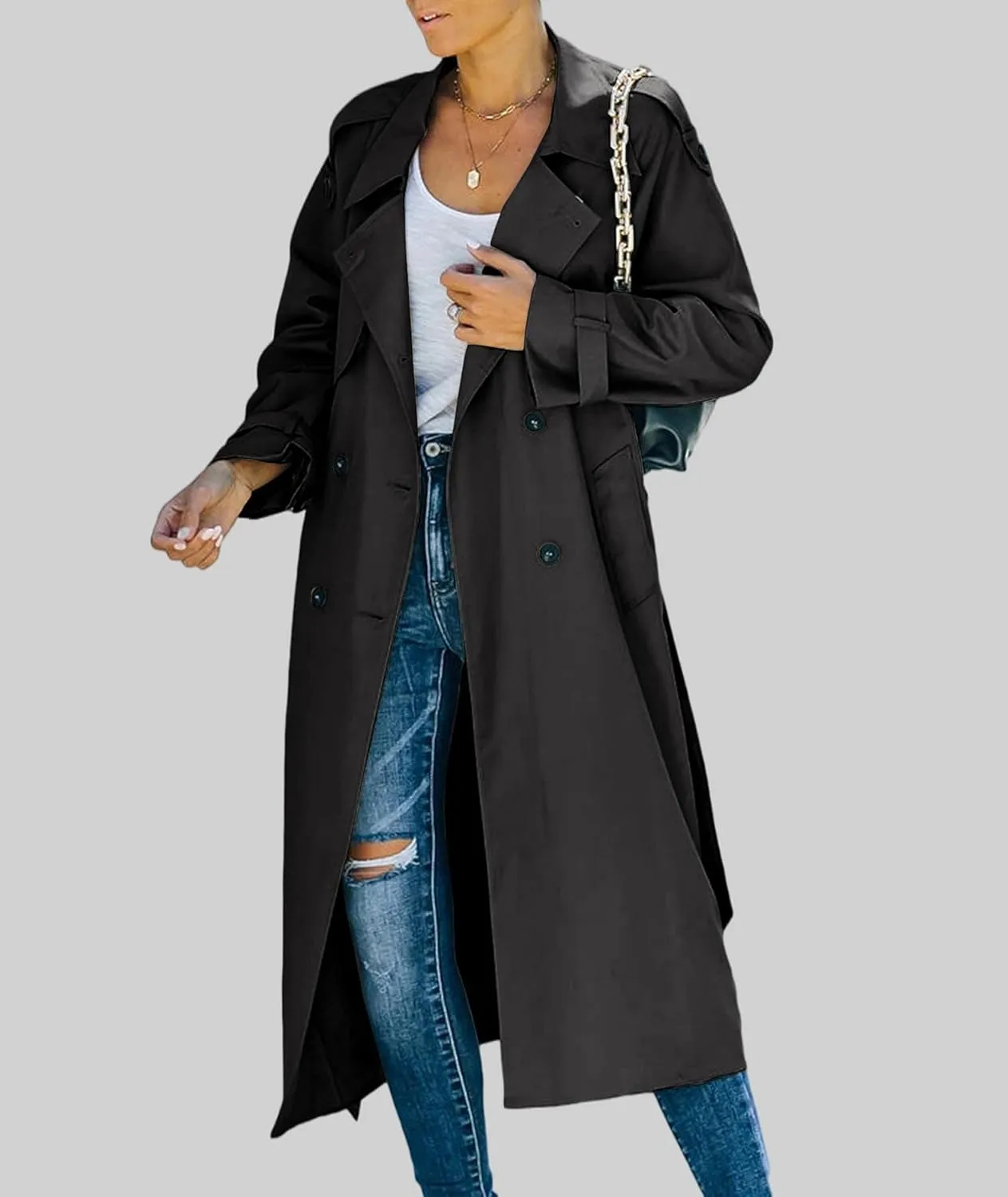 xxxiticat Women's Double Breasted Trench Coat Long Sleeve Turn Down Collar Windproof Belted Overcoat Lapel Long Jacket