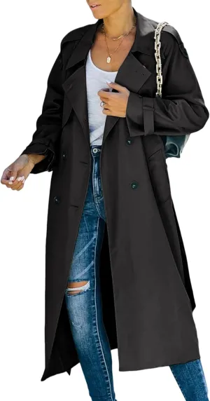 xxxiticat Women's Double Breasted Trench Coat Long Sleeve Turn Down Collar Windproof Belted Overcoat Lapel Long Jacket