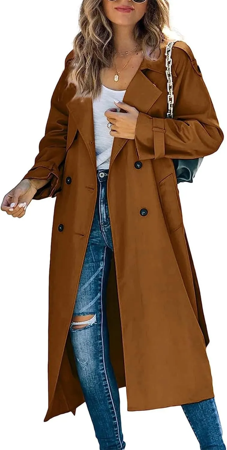 xxxiticat Women's Double Breasted Trench Coat Long Sleeve Turn Down Collar Windproof Belted Overcoat Lapel Long Jacket