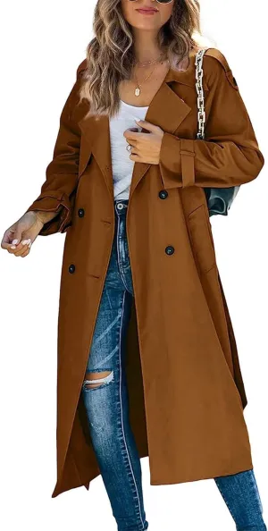 xxxiticat Women's Double Breasted Trench Coat Long Sleeve Turn Down Collar Windproof Belted Overcoat Lapel Long Jacket