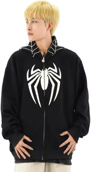 Y2k Hip Hop Embroidery Spider Hoodie Full Zip Up Harajuku Streetwear Oversized Kawaii Graphic Jacket Sweatshirts