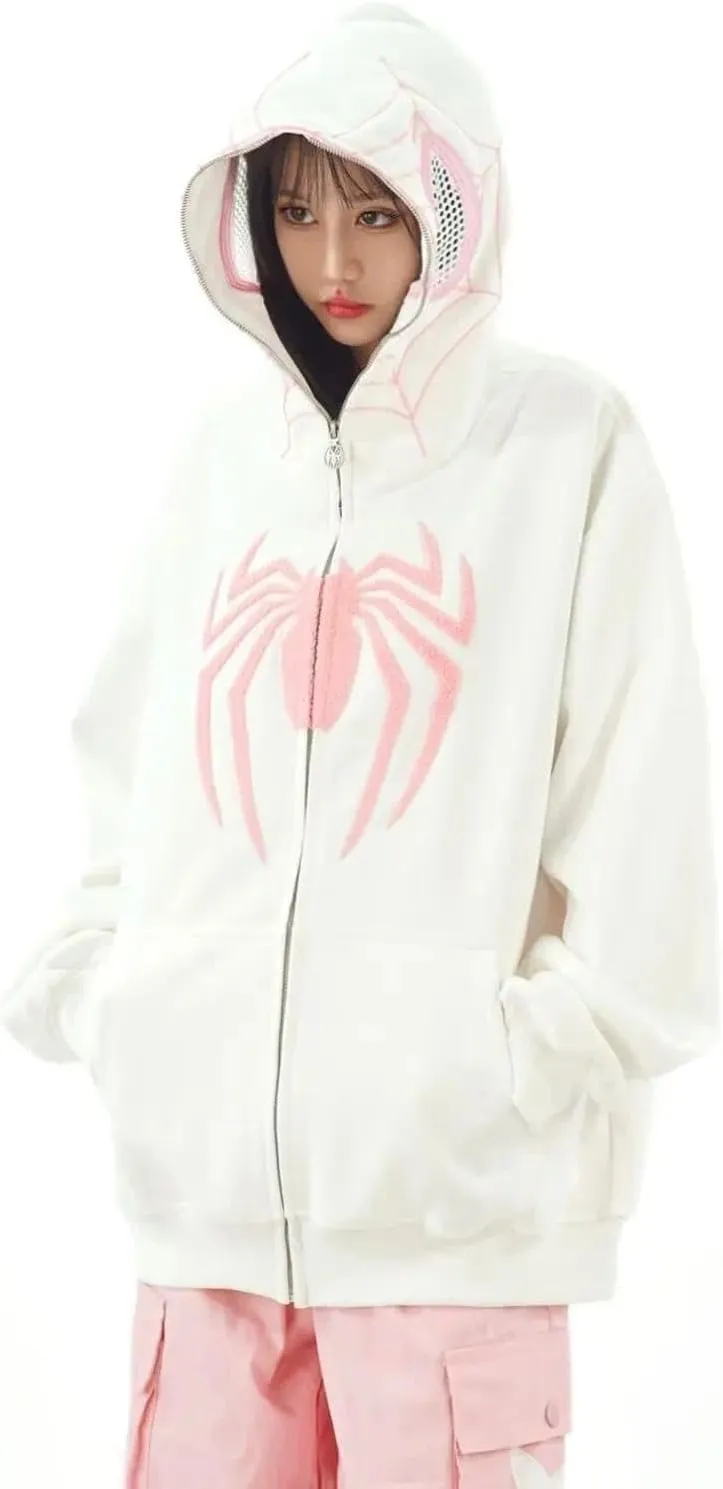 Y2k Hip Hop Embroidery Spider Hoodie Full Zip Up Harajuku Streetwear Oversized Kawaii Graphic Jacket Sweatshirts