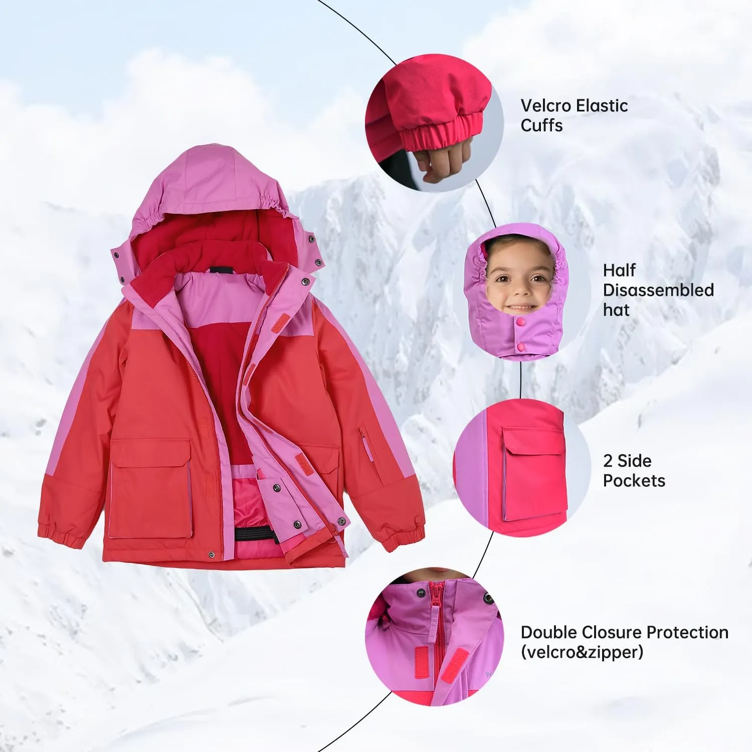 YINGJIELIDE Girl's Waterproof Ski Jacket,Kids Outdoor Snowboarding windproof Jacket,Fleece Lined Hooded,Warm Winter Snow Coat