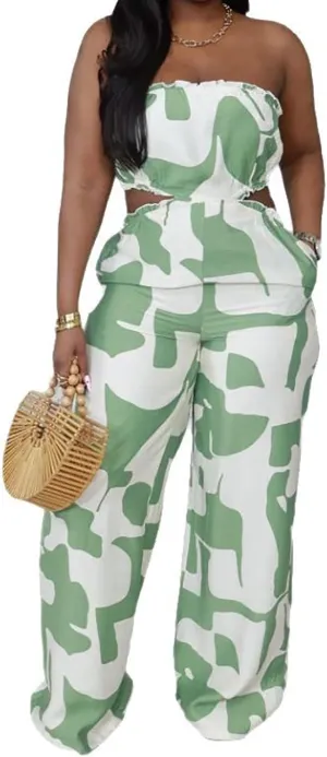 Yuopeid Women's Casual Jumpsuit Stretchy Tube Backless Printed Wide Leg Rompers Outfits With Pockets