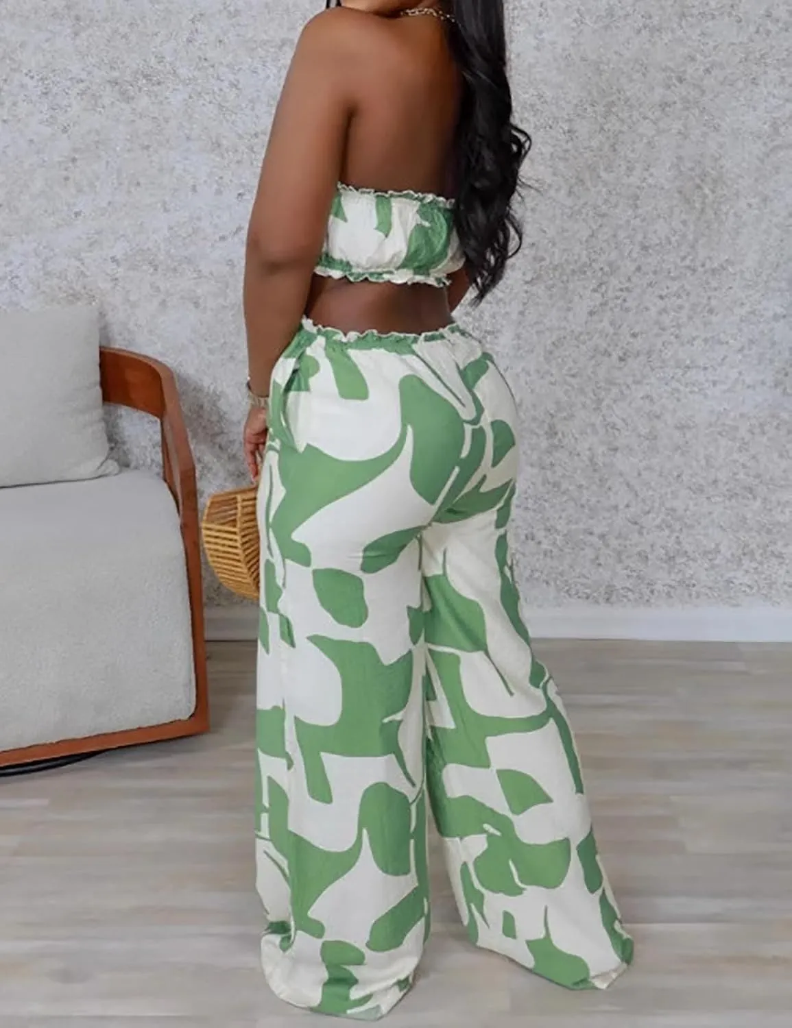 Yuopeid Women's Casual Jumpsuit Stretchy Tube Backless Printed Wide Leg Rompers Outfits With Pockets