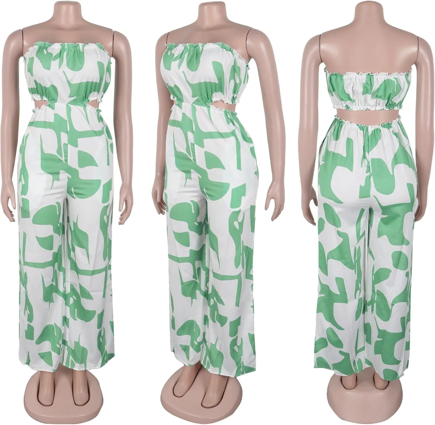 Yuopeid Women's Casual Jumpsuit Stretchy Tube Backless Printed Wide Leg Rompers Outfits With Pockets