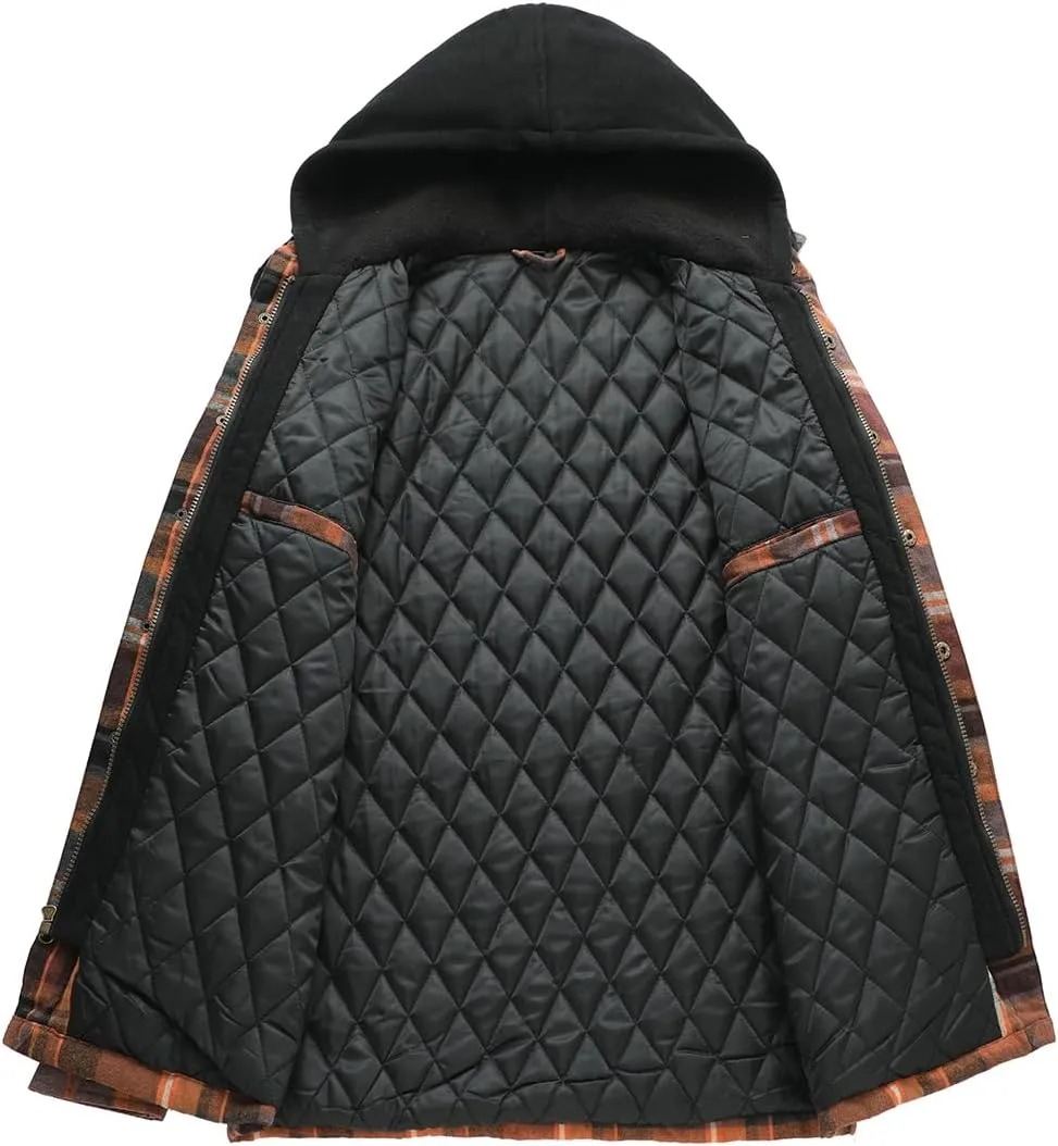 ZENTHACE Men's Thicken Plaid Hooded Flannel Shirt Jacket with Quilted Lined