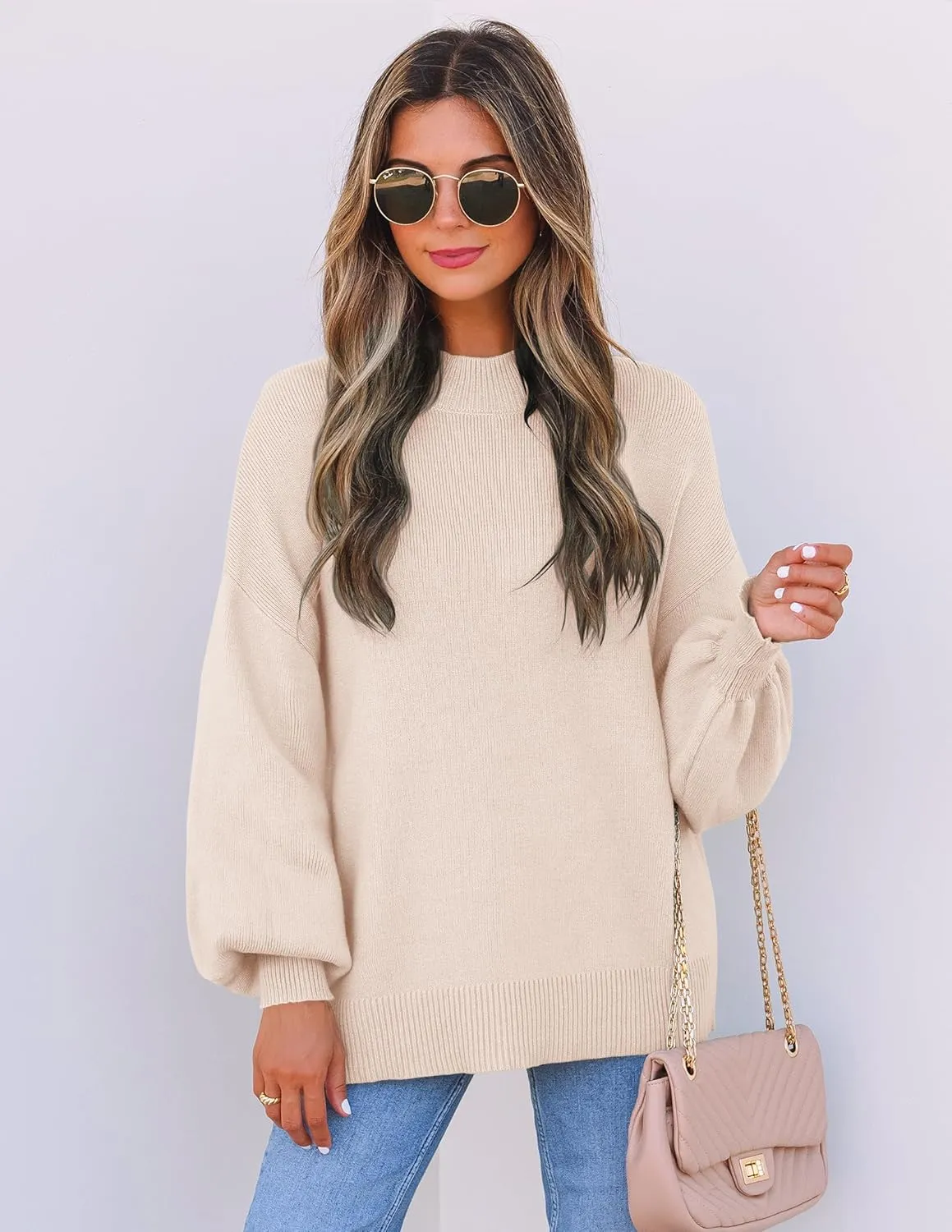 ZESICA Women's Casual Turtleneck Long Lantern Sleeve Oversized Ribbed Knit Pullover Sweater Jumper Top