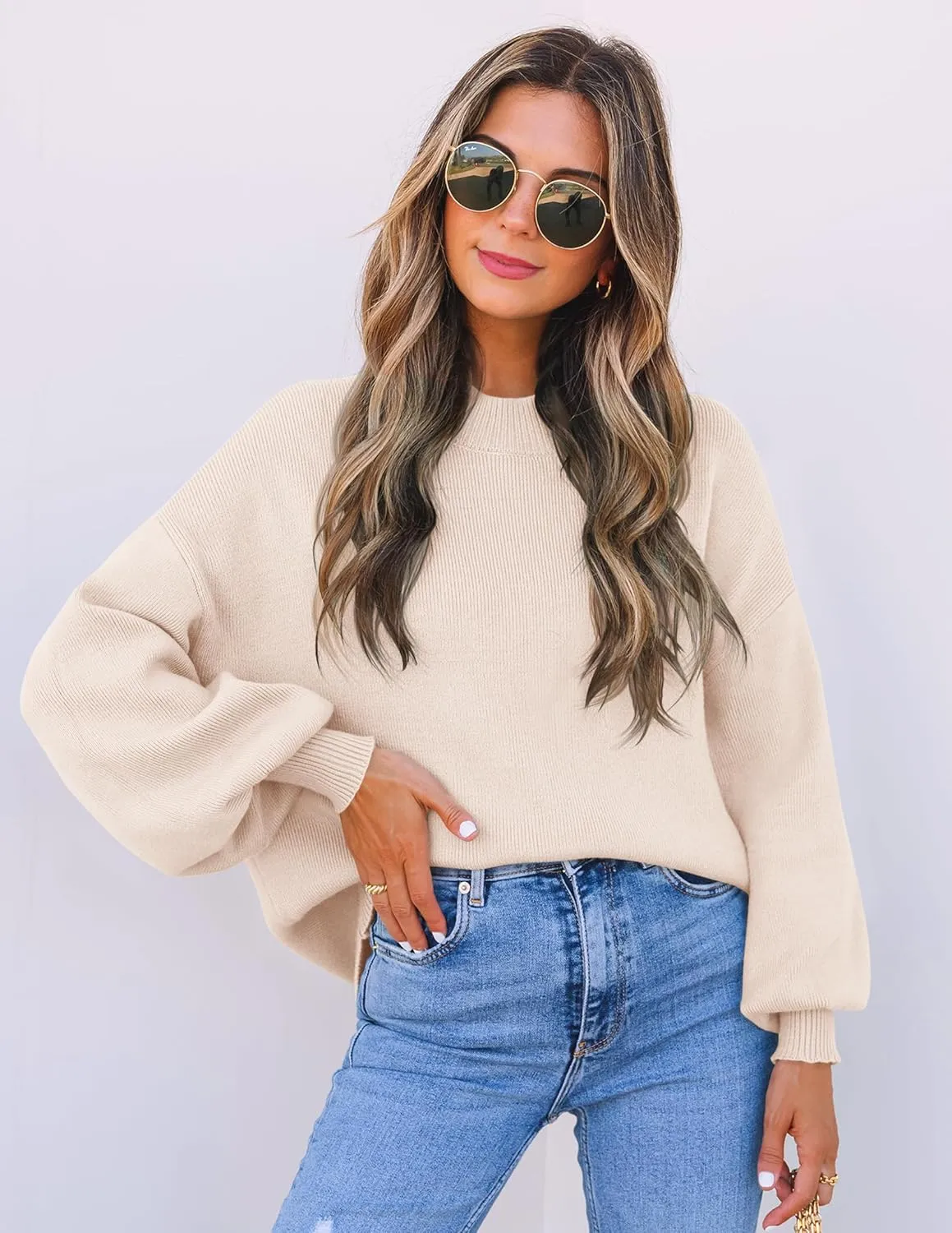 ZESICA Women's Casual Turtleneck Long Lantern Sleeve Oversized Ribbed Knit Pullover Sweater Jumper Top