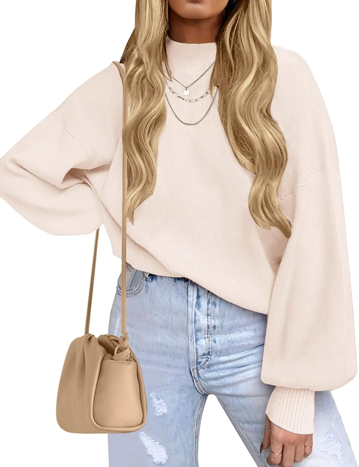 ZESICA Women's Casual Turtleneck Long Lantern Sleeve Oversized Ribbed Knit Pullover Sweater Jumper Top