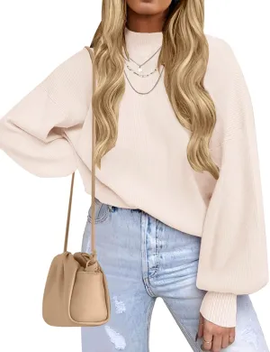 ZESICA Women's Casual Turtleneck Long Lantern Sleeve Oversized Ribbed Knit Pullover Sweater Jumper Top