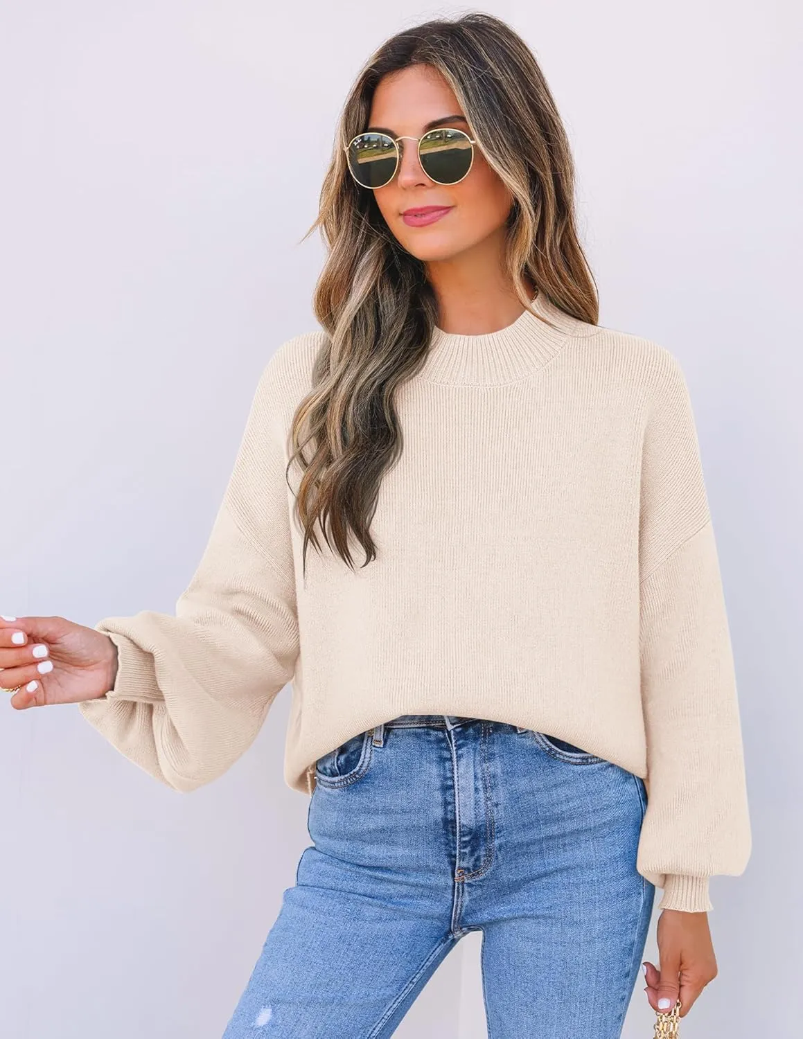 ZESICA Women's Casual Turtleneck Long Lantern Sleeve Oversized Ribbed Knit Pullover Sweater Jumper Top