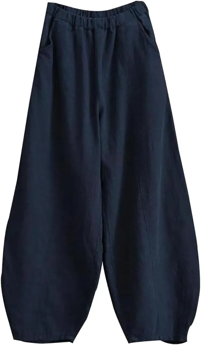 ZOCAVIA Women's Cotton Linen Pants Casual Elastic Waist Baggy Harem Pants Japanese Pants Loose Lantern Trouser with Pockets