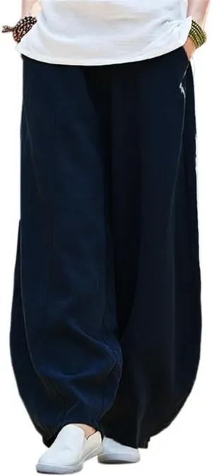 ZOCAVIA Women's Cotton Linen Pants Casual Elastic Waist Baggy Harem Pants Japanese Pants Loose Lantern Trouser with Pockets