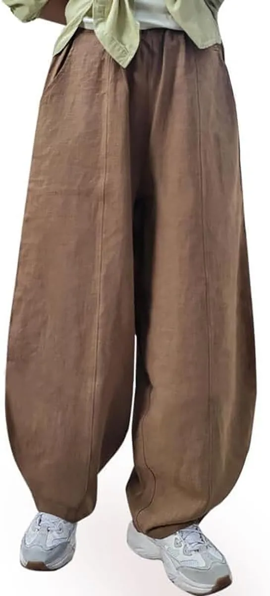 ZOCAVIA Women's Cotton Linen Pants Casual Elastic Waist Baggy Harem Pants Japanese Pants Loose Lantern Trouser with Pockets