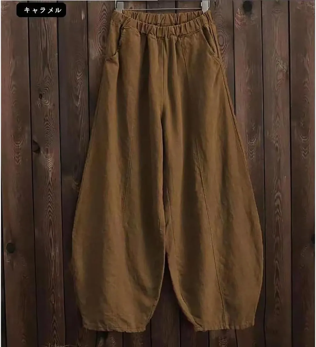 ZOCAVIA Women's Cotton Linen Pants Casual Elastic Waist Baggy Harem Pants Japanese Pants Loose Lantern Trouser with Pockets