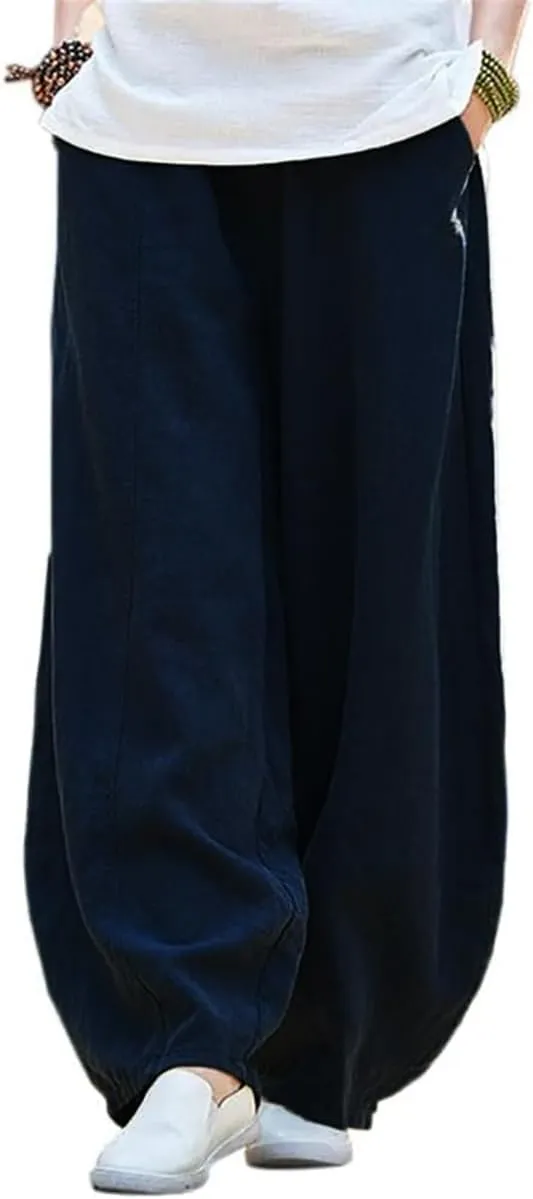 ZOCAVIA Women's Cotton Linen Pants Casual Elastic Waist Baggy Harem Pants Japanese Pants Loose Lantern Trouser with Pockets