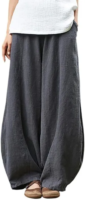 ZOCAVIA Women's Cotton Linen Pants Casual Elastic Waist Baggy Harem Pants Japanese Pants Loose Lantern Trouser with Pockets