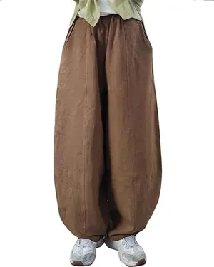 ZOCAVIA Women's Cotton Linen Pants Casual Elastic Waist Baggy Harem Pants Japanese Pants Loose Lantern Trouser with Pockets